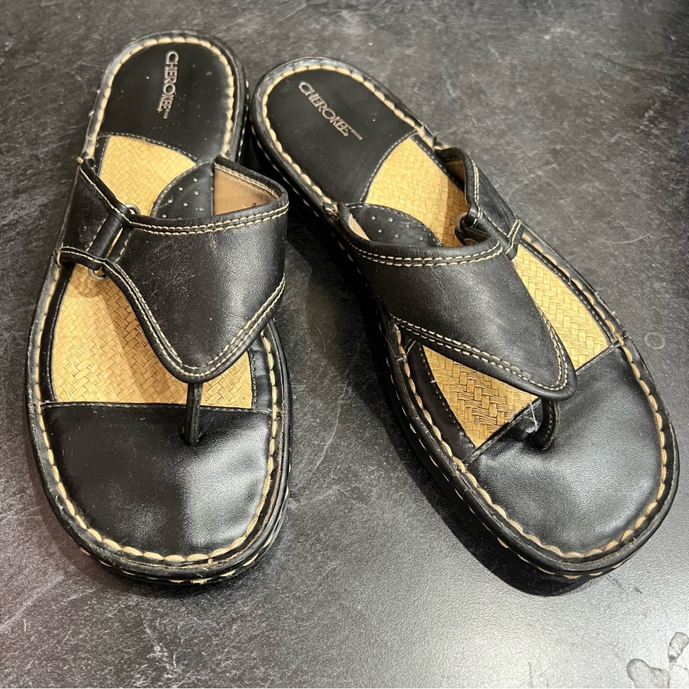 Cherokee Sandals Womens 9 Thong Black Leather Toe-Post Casual Comfort VTG Y2K